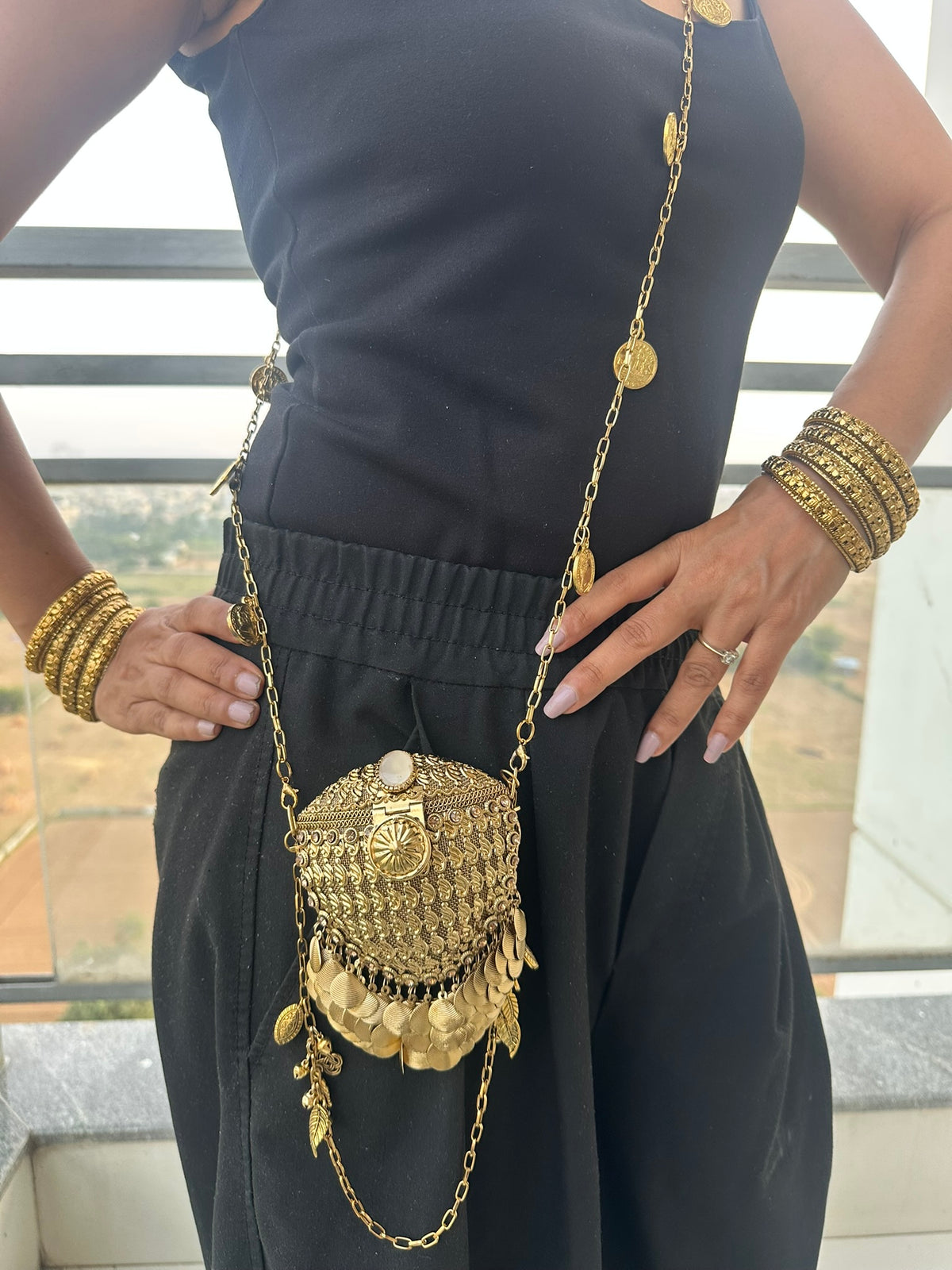 The RHEA Arched Crown Metal Coin Purse | Handcrafted Arched Metallic Crown Pouch Ethnic Coin Drop Party Sling