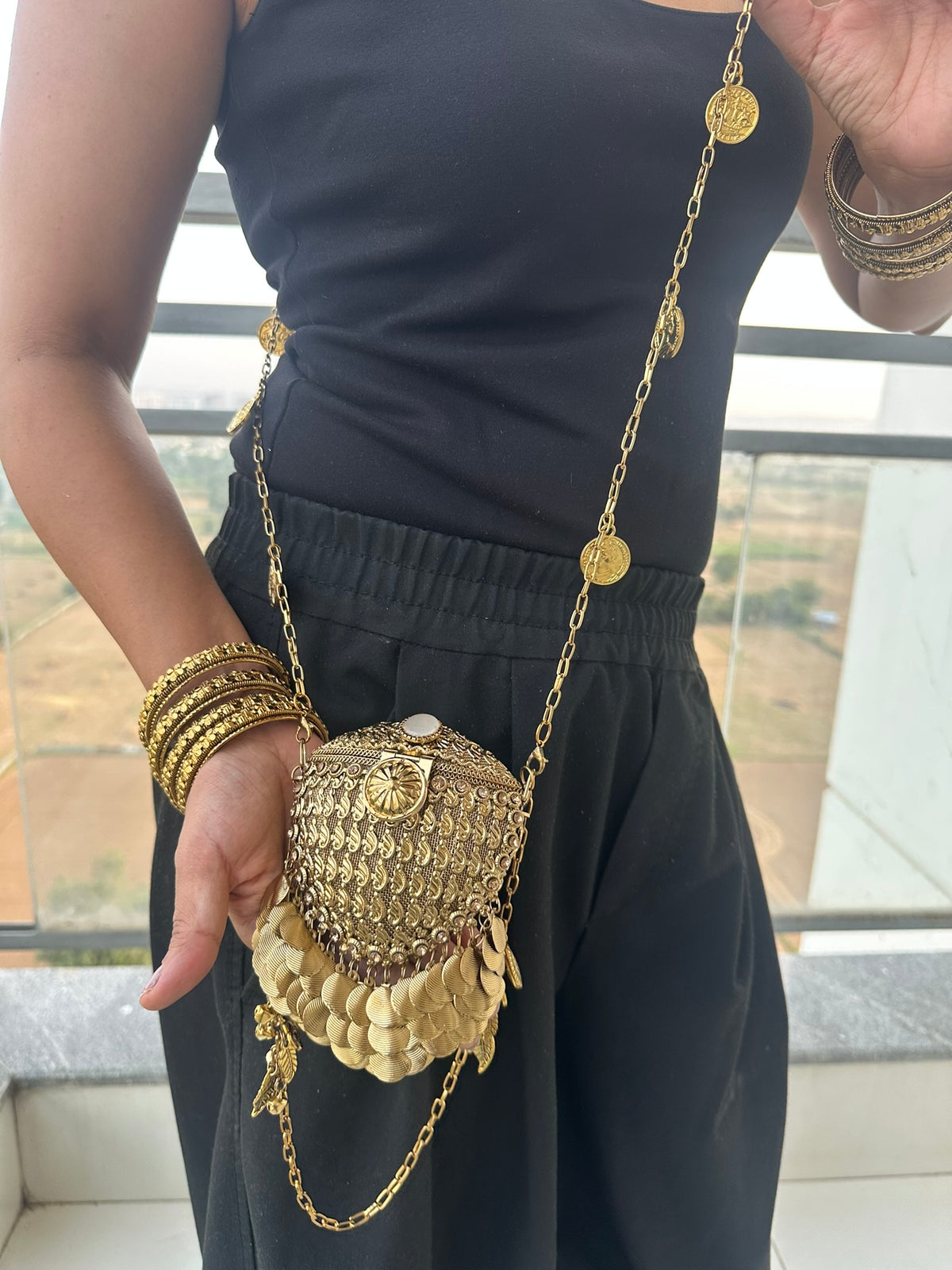 The RHEA Arched Crown Metal Coin Purse | Handcrafted Arched Metallic Crown Pouch Ethnic Coin Drop Party Sling