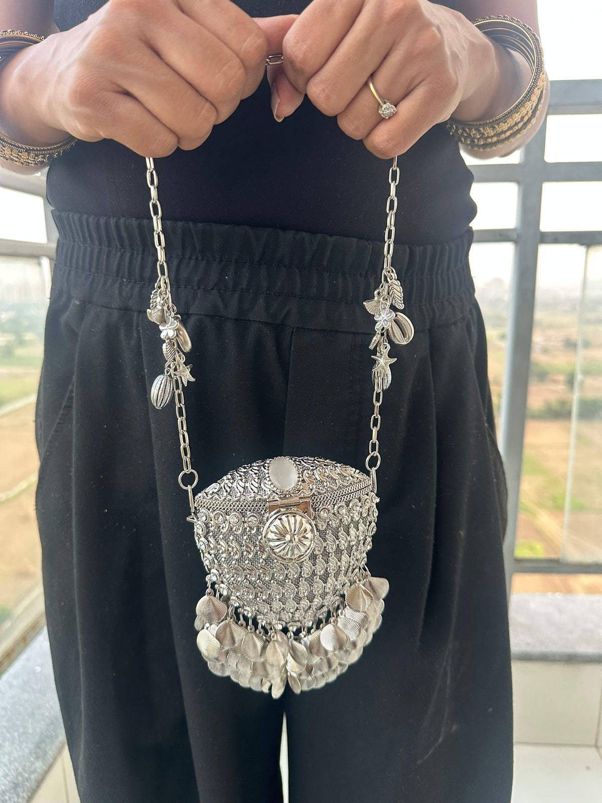 The RHEA Arched Crown Metal Coin Purse | Handcrafted Arched Metallic Crown Pouch Ethnic Coin Drop Party Sling