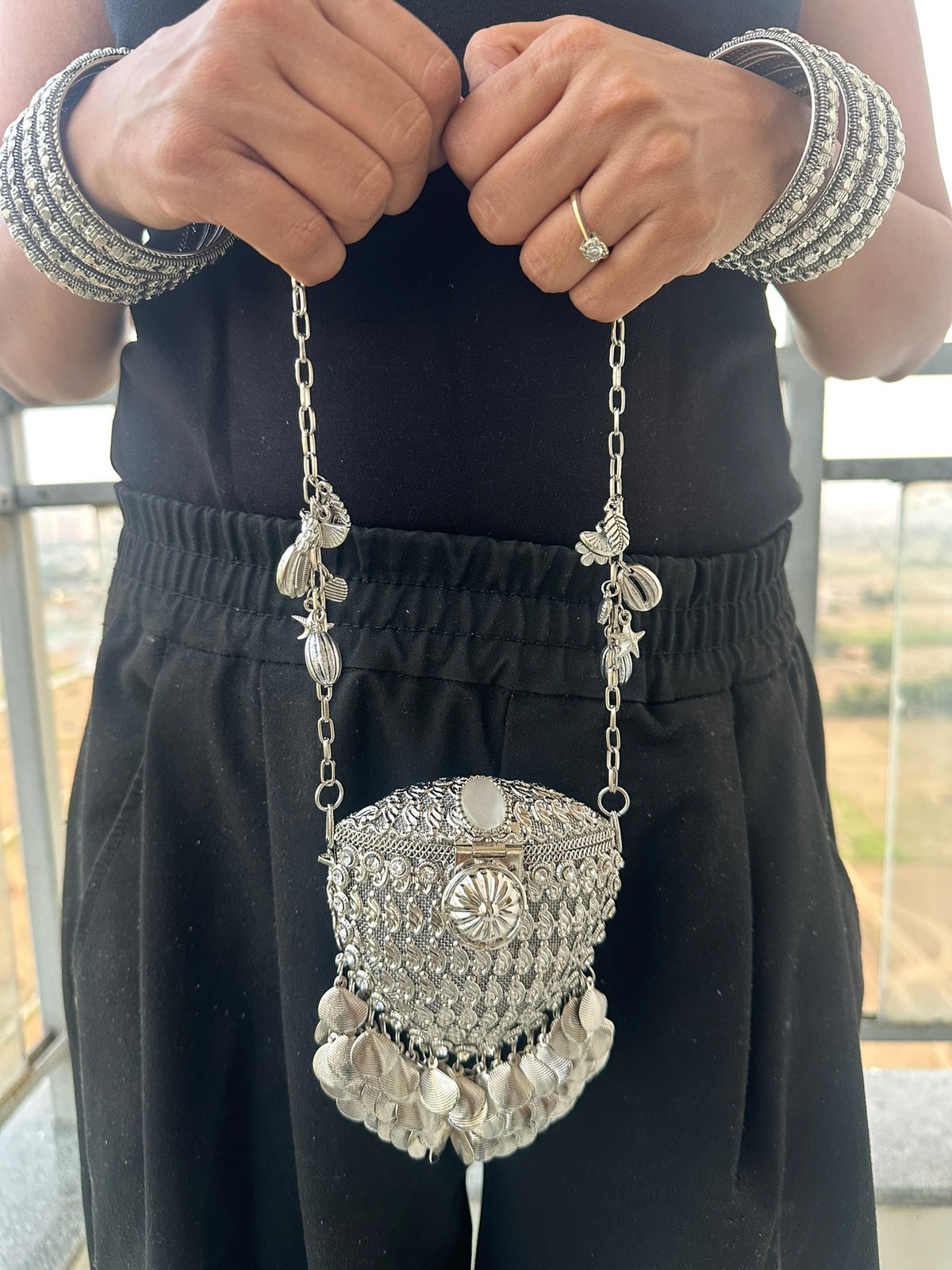 The RHEA Arched Crown Metal Coin Purse | Handcrafted Arched Metallic Crown Pouch Ethnic Coin Drop Party Sling