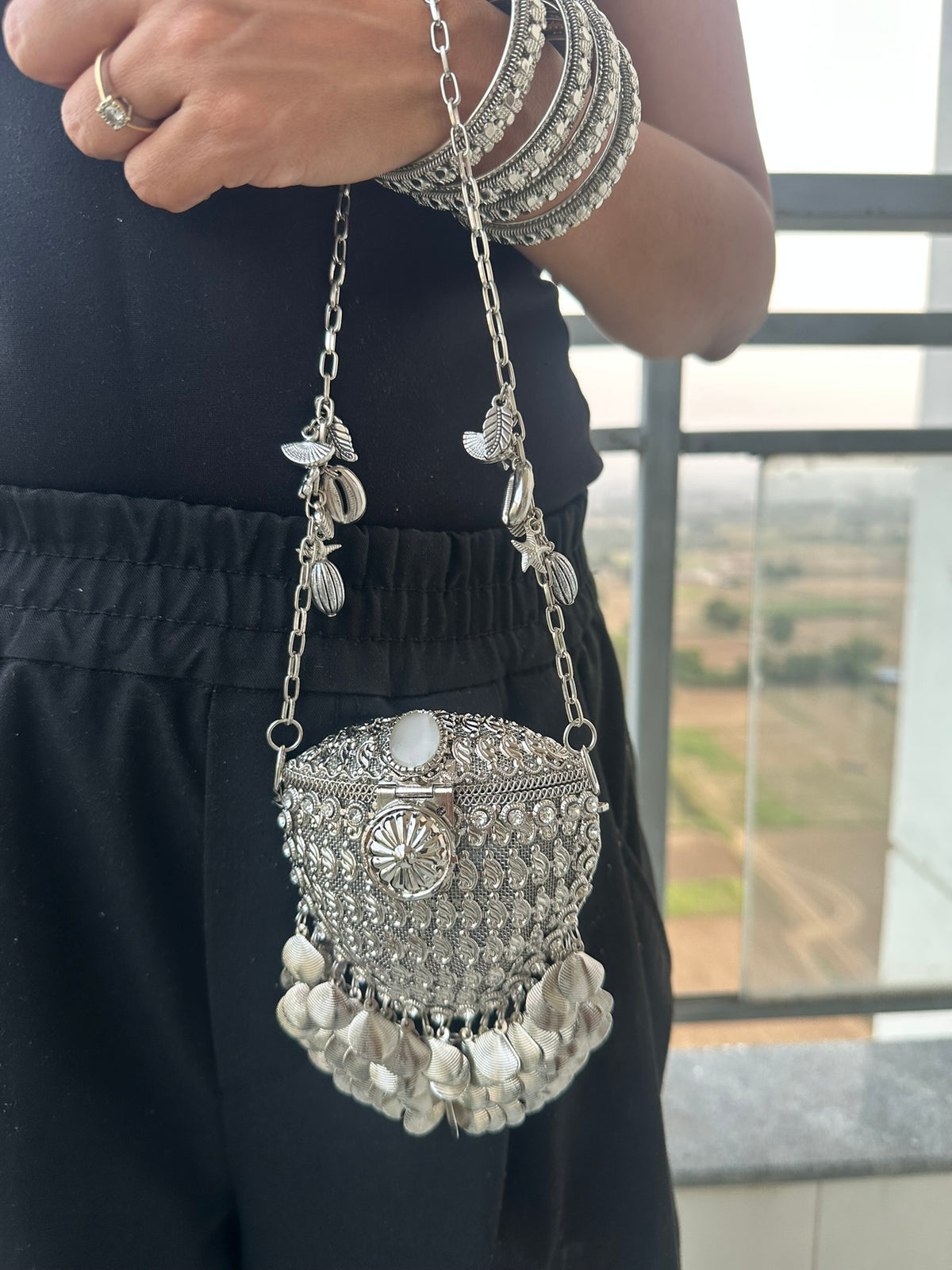 The RHEA Arched Crown Metal Coin Purse | Handcrafted Arched Metallic Crown Pouch Ethnic Coin Drop Party Sling