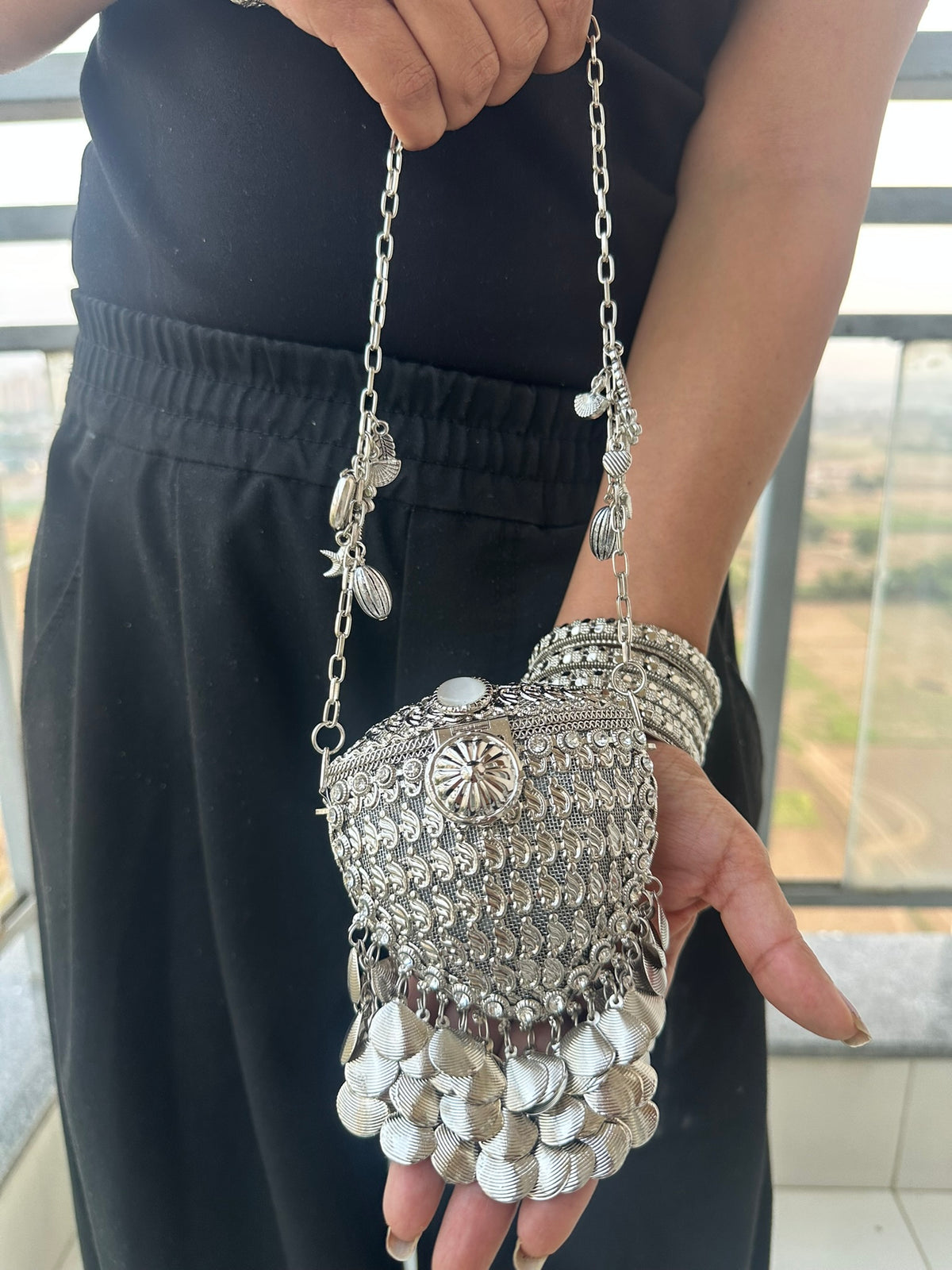 The RHEA Arched Crown Metal Coin Purse | Handcrafted Arched Metallic Crown Pouch Ethnic Coin Drop Party Sling