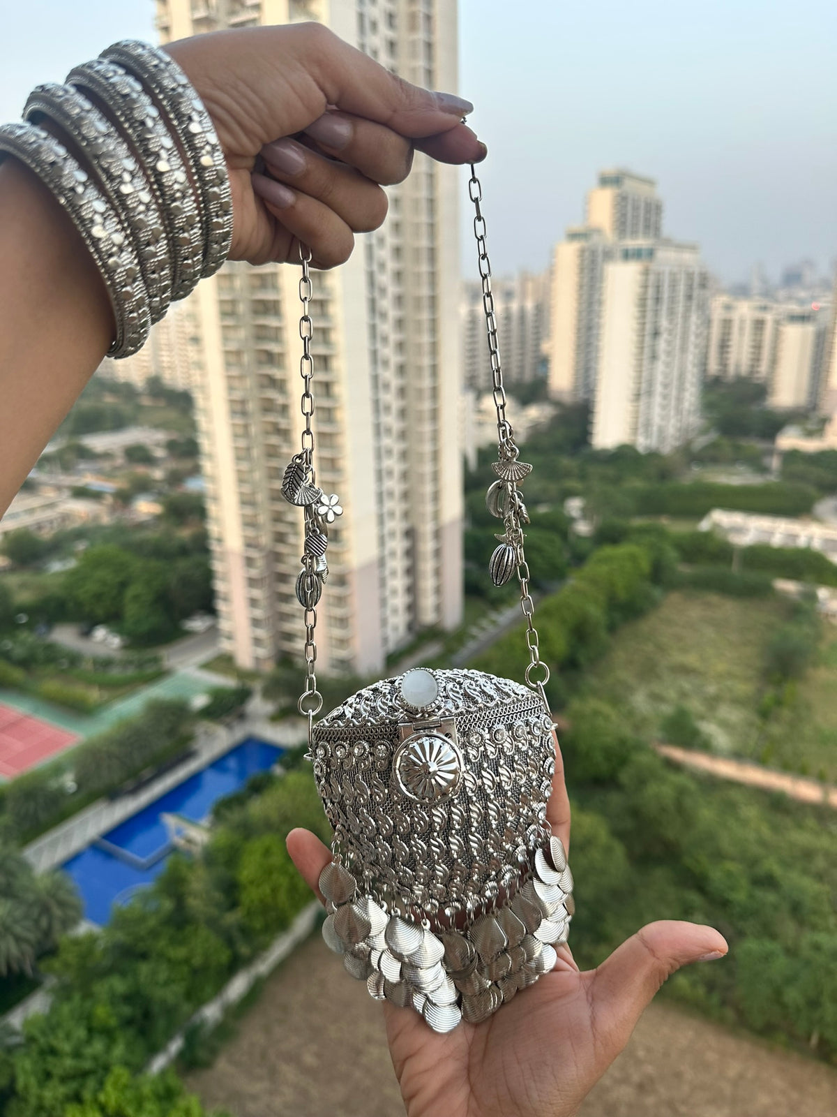 The RHEA Arched Crown Metal Coin Purse | Handcrafted Arched Metallic Crown Pouch Ethnic Coin Drop Party Sling