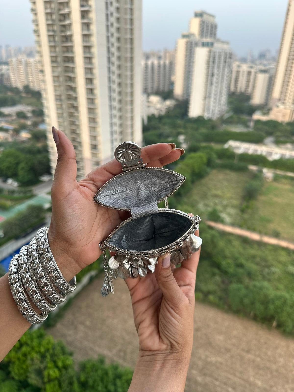 The RHEA Arched Crown Metal Coin Purse | Handcrafted Arched Metallic Crown Pouch Ethnic Coin Drop Party Sling