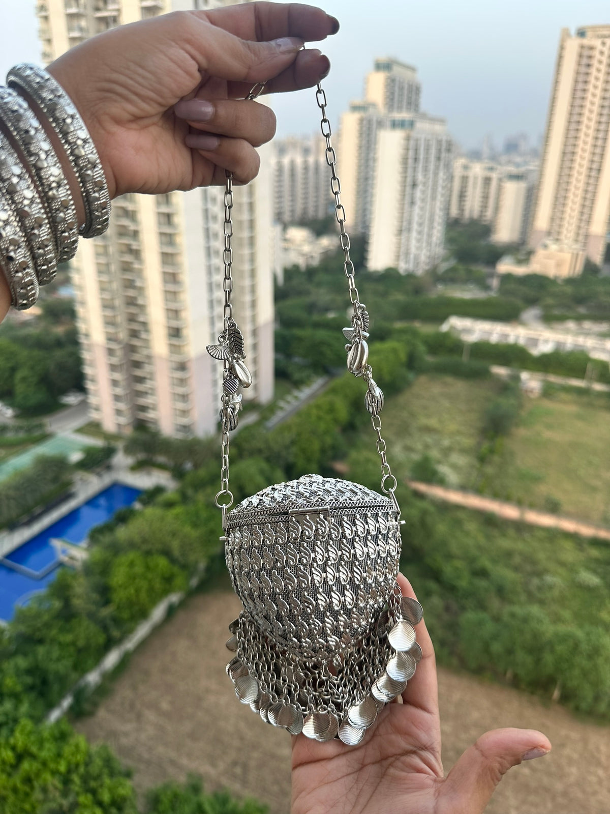 The RHEA Arched Crown Metal Coin Purse | Handcrafted Arched Metallic Crown Pouch Ethnic Coin Drop Party Sling