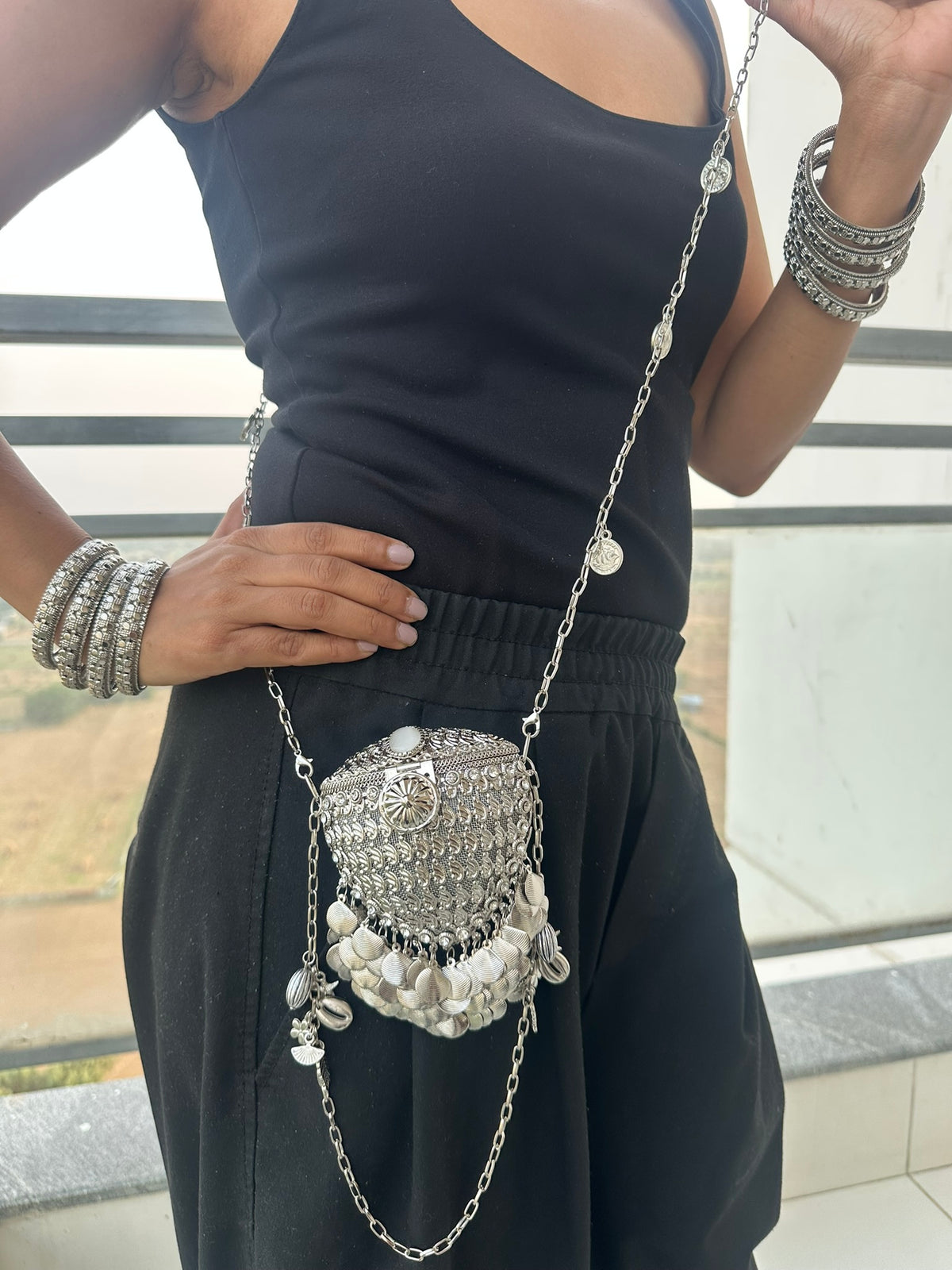 The RHEA Arched Crown Metal Coin Purse | Handcrafted Arched Metallic Crown Pouch Ethnic Coin Drop Party Sling