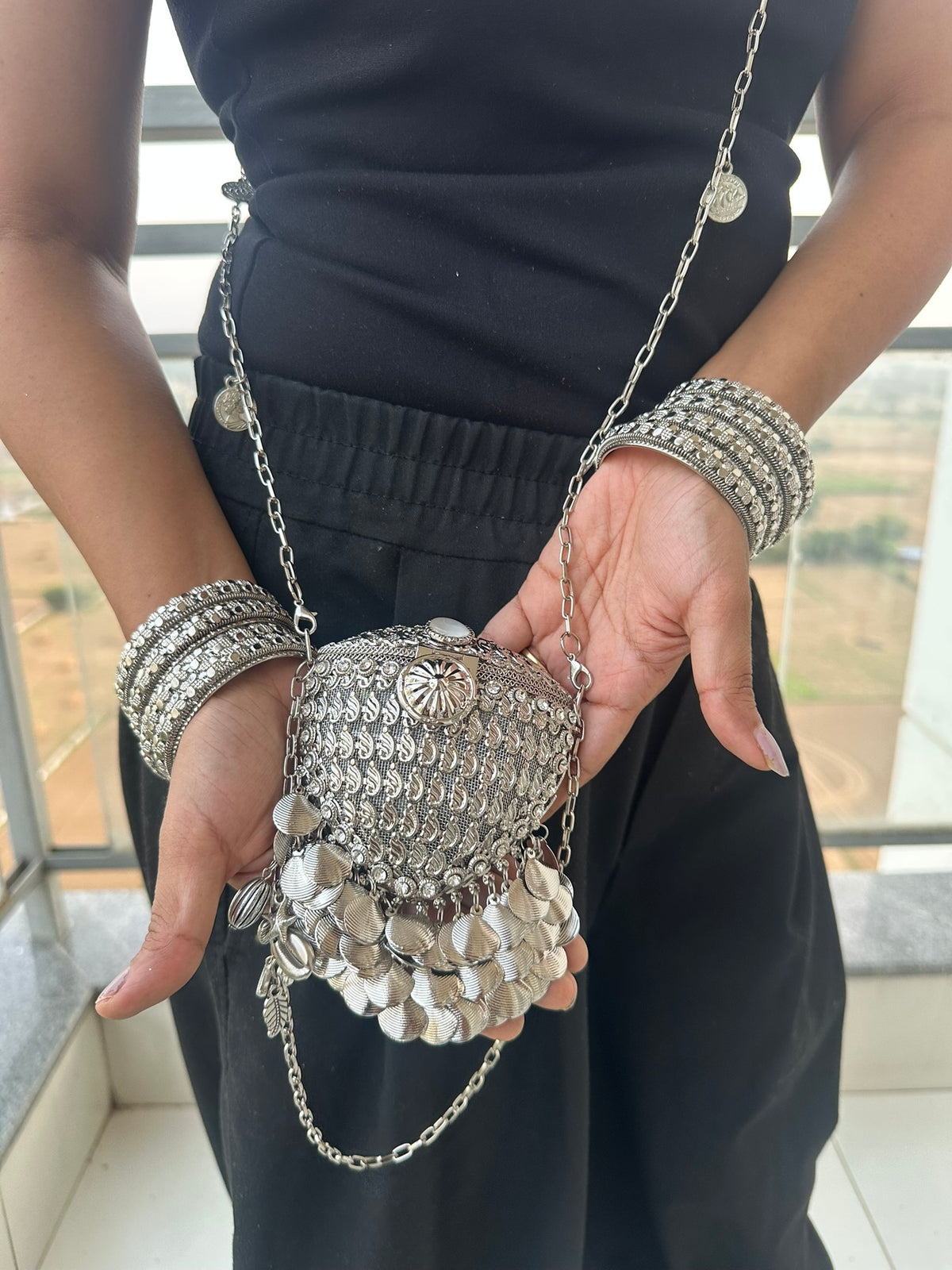The RHEA Arched Crown Metal Coin Purse | Handcrafted Arched Metallic Crown Pouch Ethnic Coin Drop Party Sling