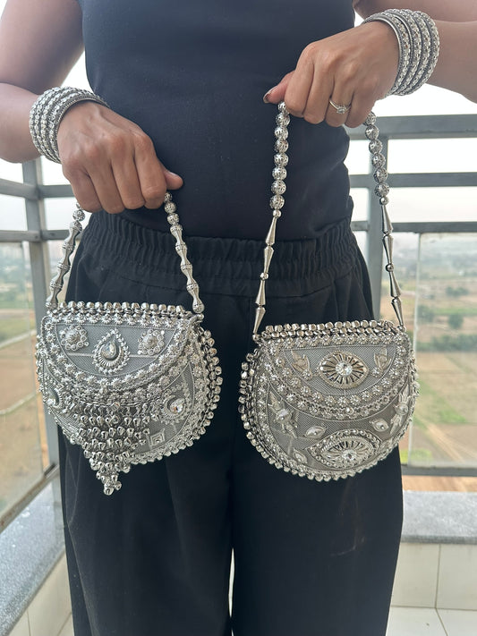 The MEGHNA Handcrafted Ghungroo Metal Mesh Crossbody Bag | Handcrafted Silver Ghungroo Metal Bag Boho Tribal Mesh Evening Crossbody Clutch