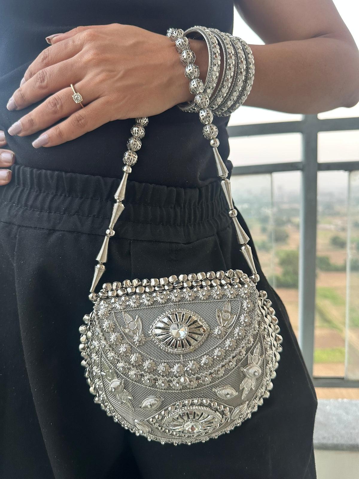 The MEGHNA Handcrafted Ghungroo Metal Mesh Crossbody Bag | Handcrafted Silver Ghungroo Metal Bag Boho Tribal Mesh Evening Crossbody Clutch