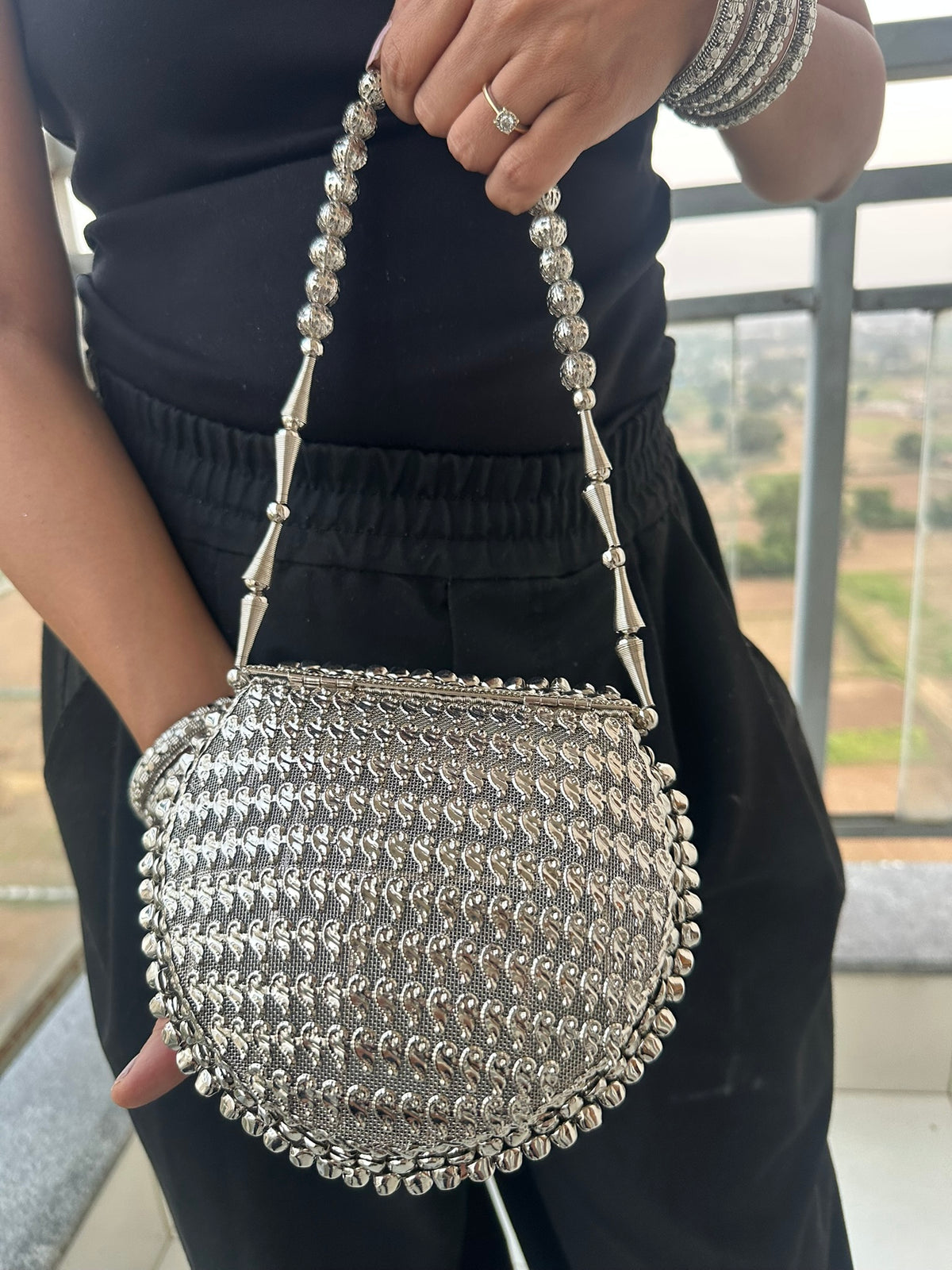 The MEGHNA Handcrafted Ghungroo Metal Mesh Crossbody Bag | Handcrafted Silver Ghungroo Metal Bag Boho Tribal Mesh Evening Crossbody Clutch