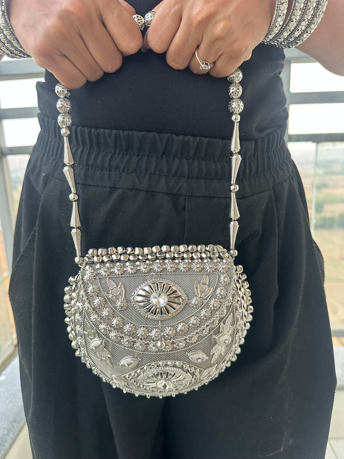 The MEGHNA Handcrafted Ghungroo Metal Mesh Crossbody Bag | Handcrafted Silver Ghungroo Metal Bag Boho Tribal Mesh Evening Crossbody Clutch