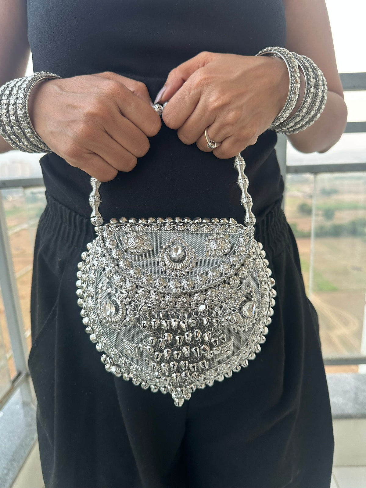 The MEGHNA Handcrafted Ghungroo Metal Mesh Crossbody Bag | Handcrafted Silver Ghungroo Metal Bag Boho Tribal Mesh Evening Crossbody Clutch