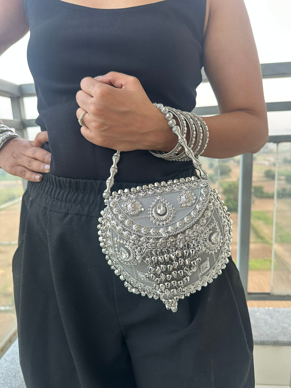 The MEGHNA Handcrafted Ghungroo Metal Mesh Crossbody Bag | Handcrafted Silver Ghungroo Metal Bag Boho Tribal Mesh Evening Crossbody Clutch