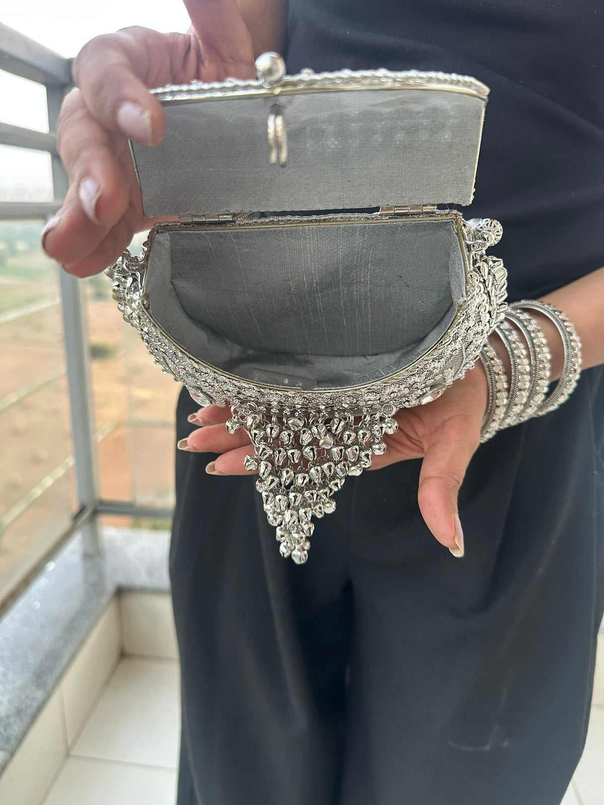 The MEGHNA Handcrafted Ghungroo Metal Mesh Crossbody Bag | Handcrafted Silver Ghungroo Metal Bag Boho Tribal Mesh Evening Crossbody Clutch