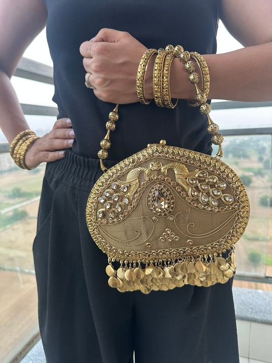 The MAYURA Peacock Metalwork Evening Clutch Bag | Handcrafted Gold Peacock Metal Mesh Clutch Bag Coin Fringe Evening Handbag