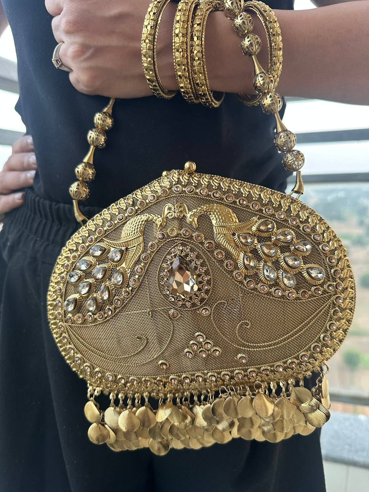 The MAYURA Peacock Metalwork Evening Clutch Bag | Handcrafted Gold Peacock Metal Mesh Clutch Bag Coin Fringe Evening Handbag
