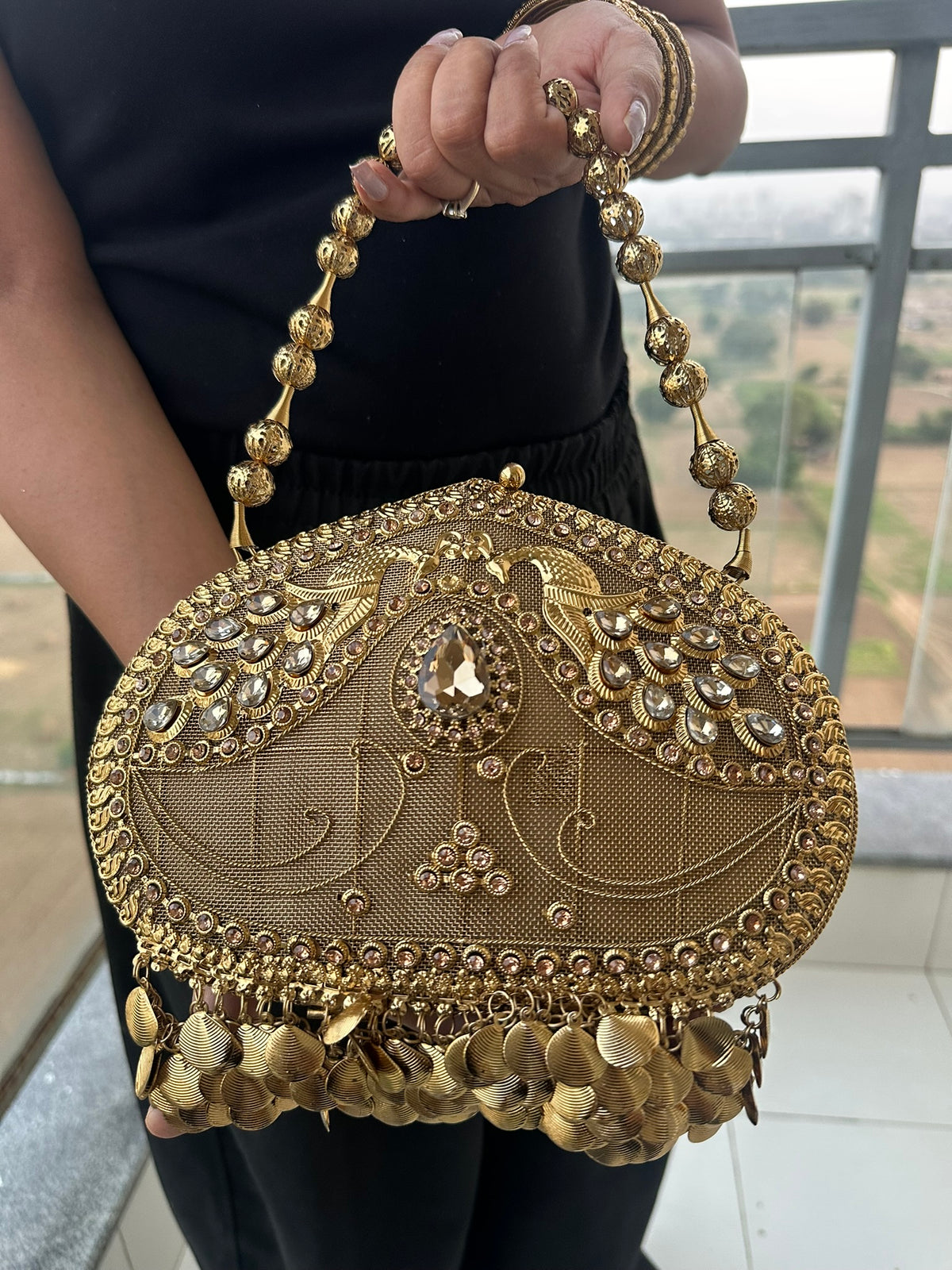 The MAYURA Peacock Metalwork Evening Clutch Bag | Handcrafted Gold Peacock Metal Mesh Clutch Bag Coin Fringe Evening Handbag