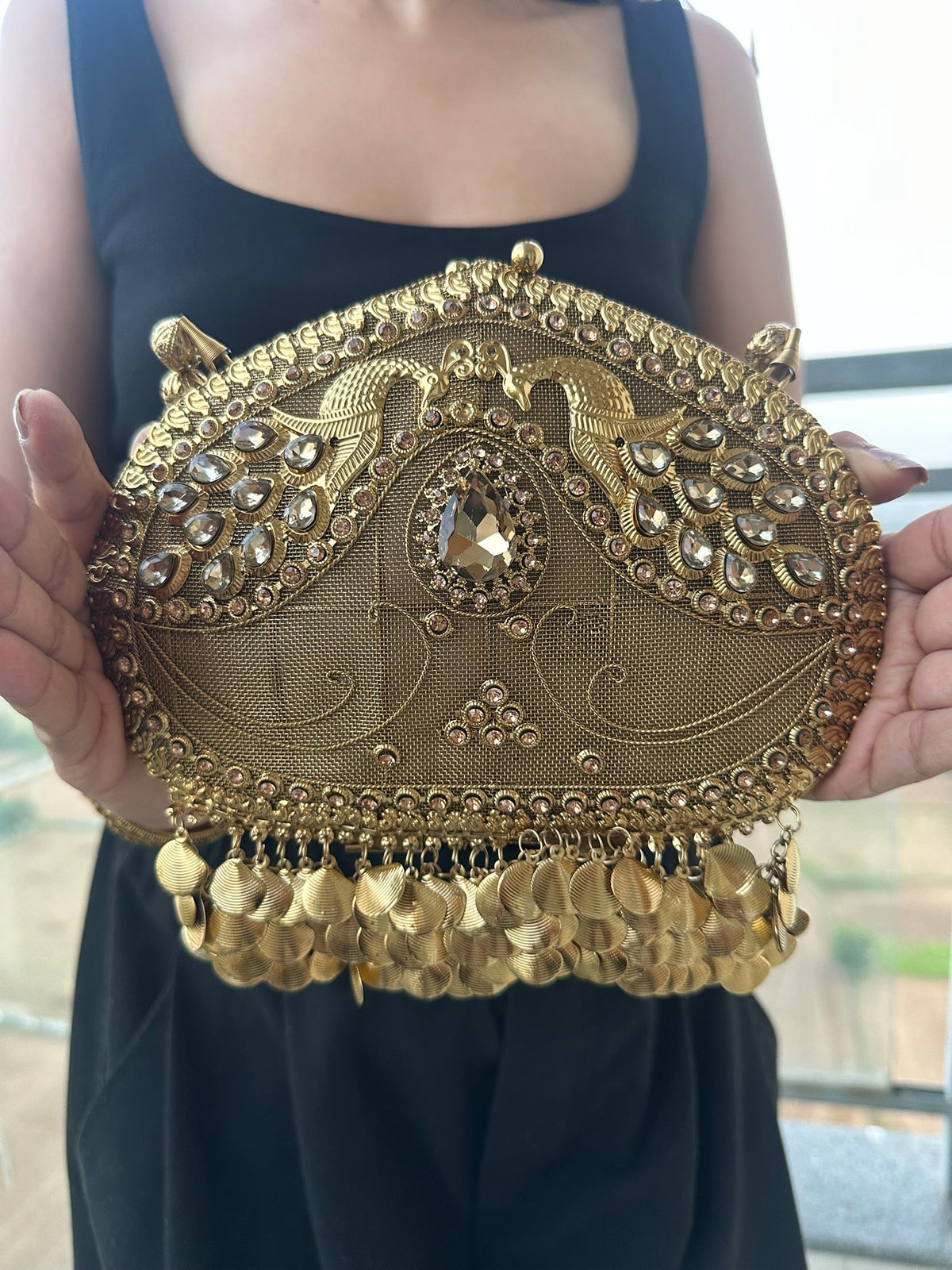 The MAYURA Peacock Metalwork Evening Clutch Bag | Handcrafted Gold Peacock Metal Mesh Clutch Bag Coin Fringe Evening Handbag