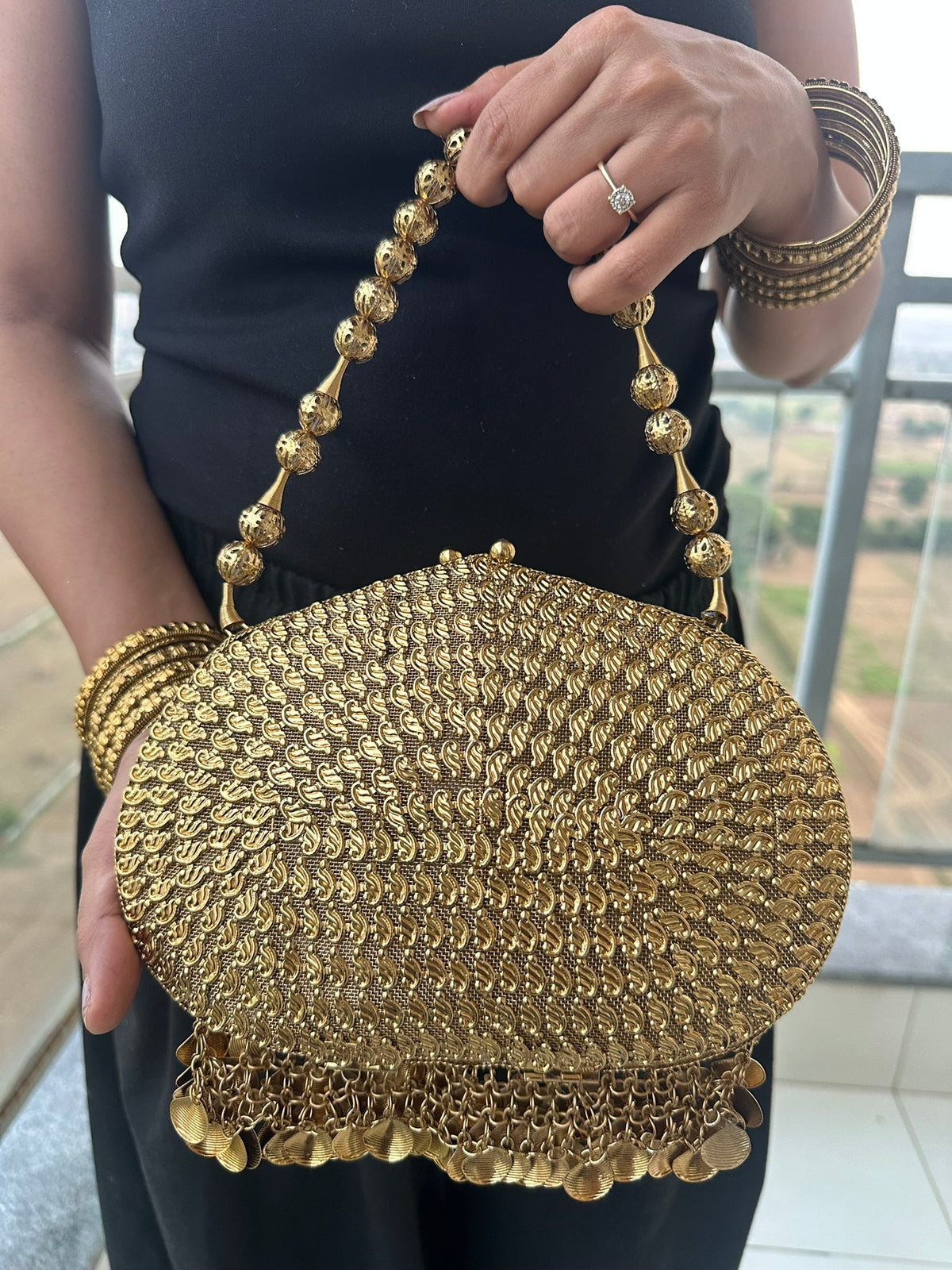 The MAYURA Peacock Metalwork Evening Clutch Bag | Handcrafted Gold Peacock Metal Mesh Clutch Bag Coin Fringe Evening Handbag