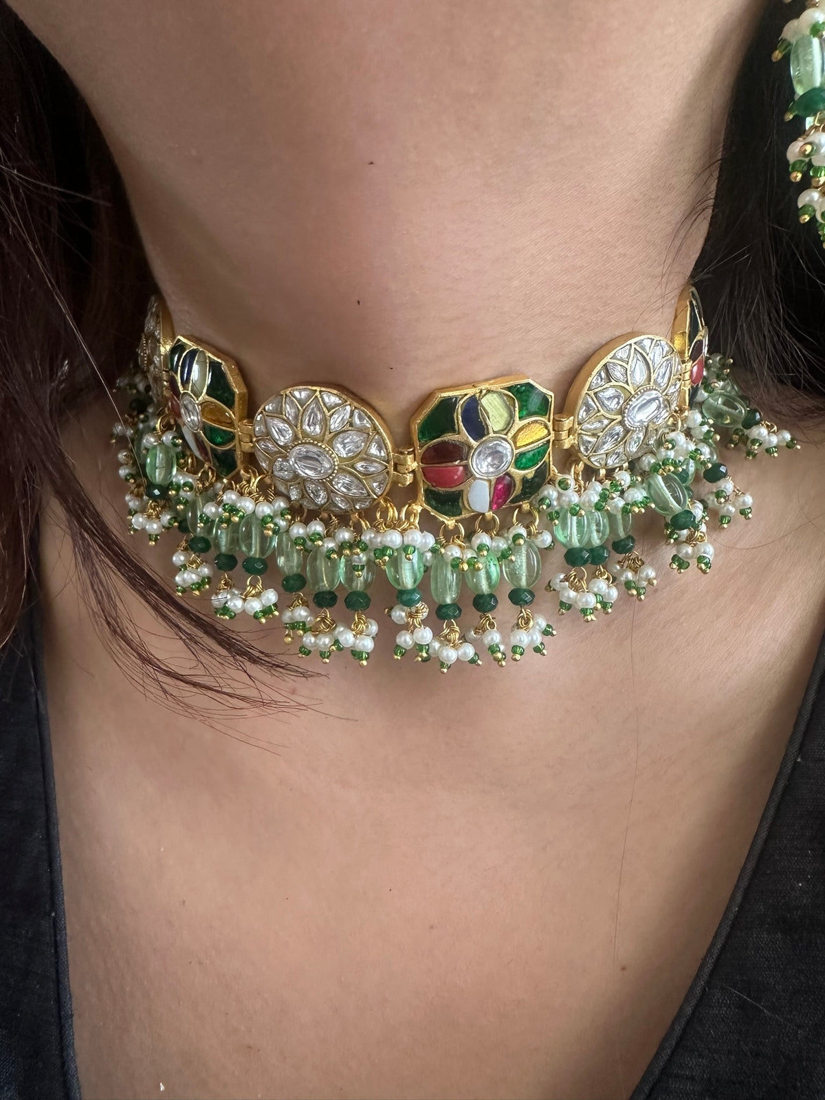 Medallion Green Pearl Drop | Traditional Pachi Kundan Choker Set with Pearl Strand & Hanging Beads | Meenakari Indian Bridal Jewelry | Pearl Cord Choker Earrings Set (Copy)