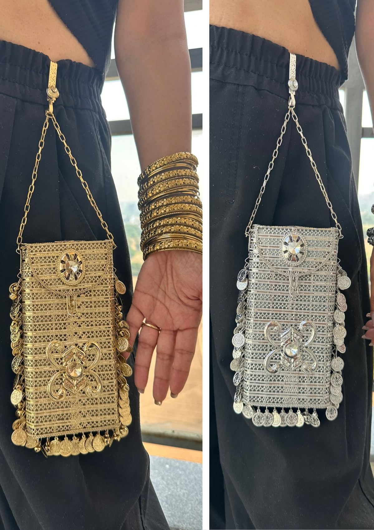 The SITARA Handcrafted Metal Phone Crossbody Clutch with Sunburst Crystal & Coin Charms