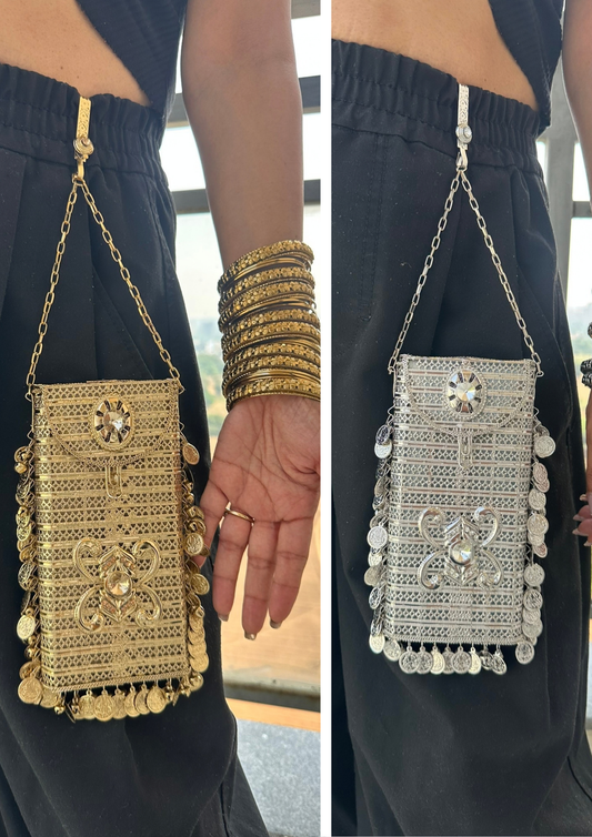 The SITARA Handcrafted Metal Phone Crossbody Clutch with Sunburst Crystal & Coin Charms