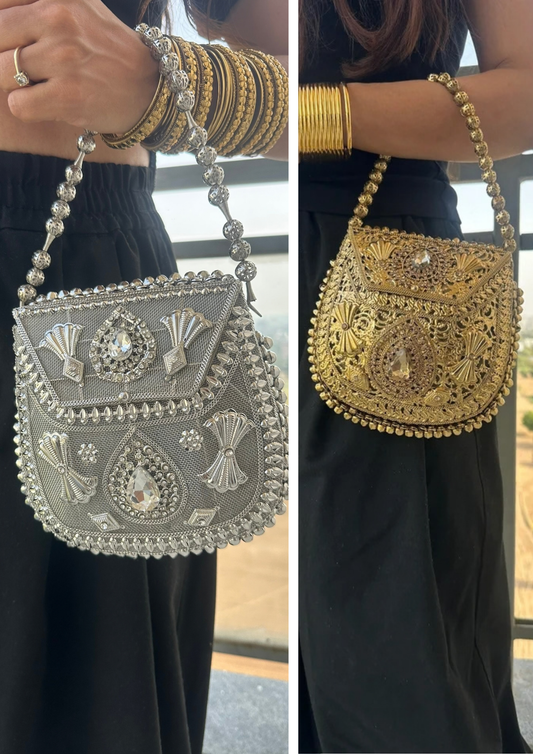 Royal Indian Wedding Bridal Bag • Handcrafted Antique Gold/Silver Filigree Clutch Bag