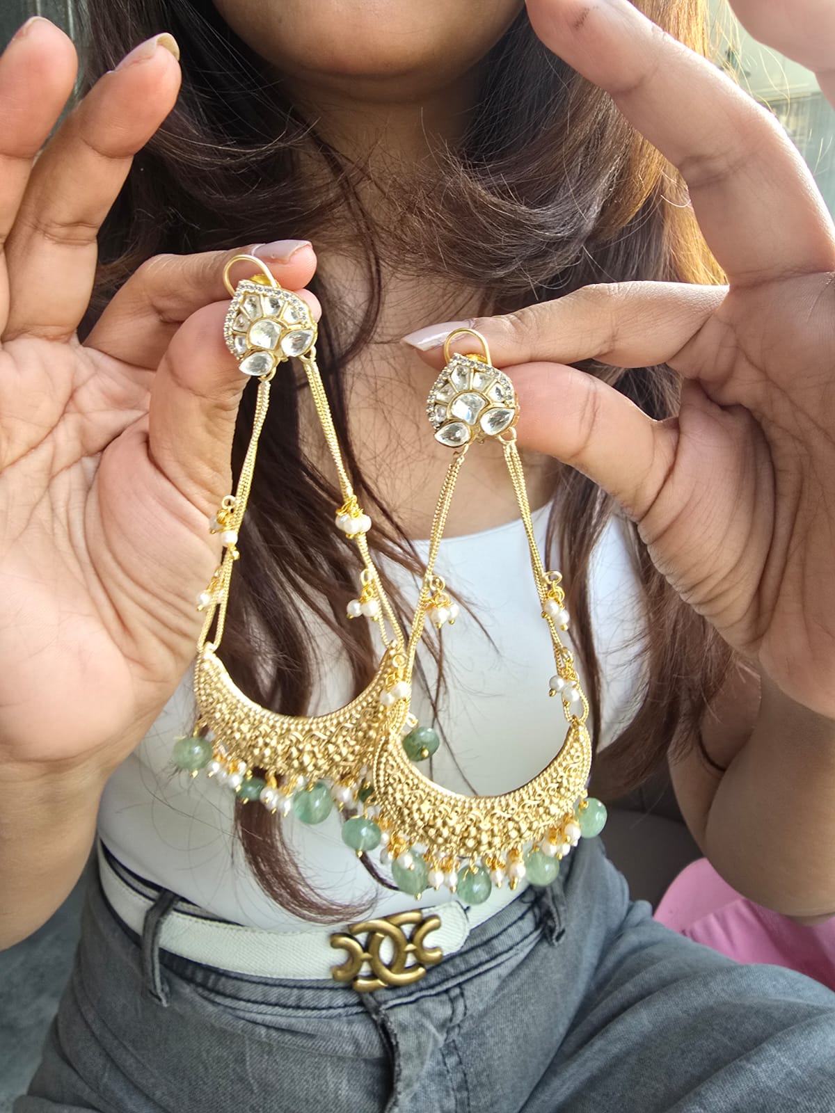 Mint Green Bead Chandelier Earrings with Oversized Crescent & Polki Stud