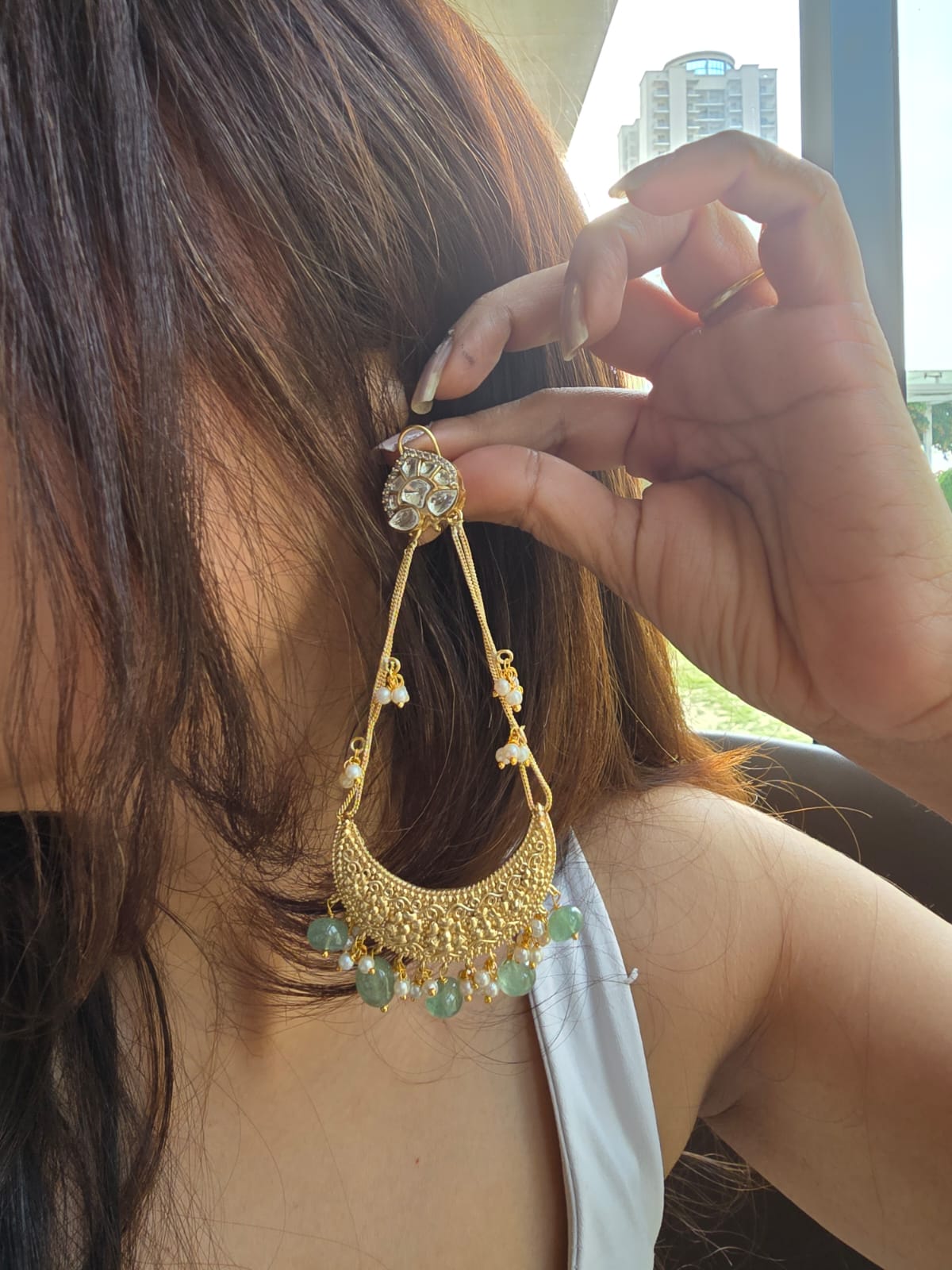 Mint Green Bead Chandelier Earrings with Oversized Crescent & Polki Stud