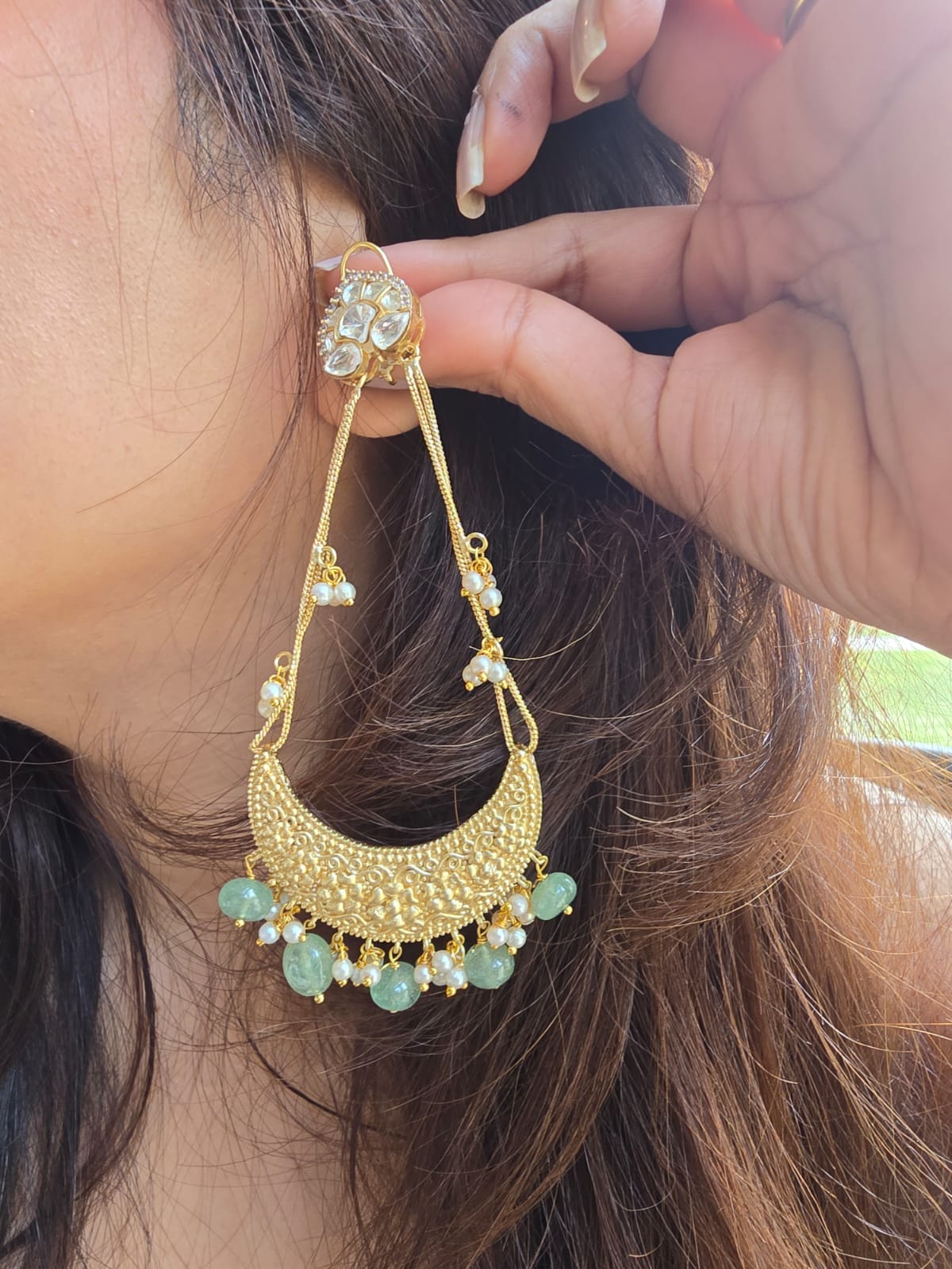 Mint Green Bead Chandelier Earrings with Oversized Crescent & Polki Stud