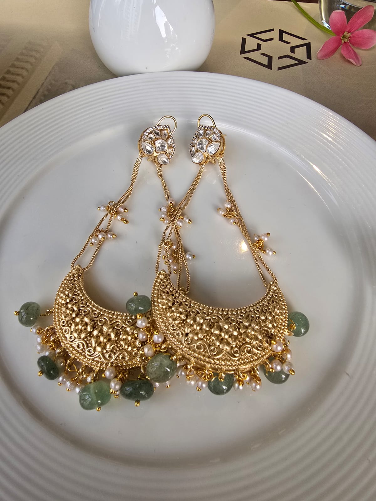 Mint Green Bead Chandelier Earrings with Oversized Crescent & Polki Stud
