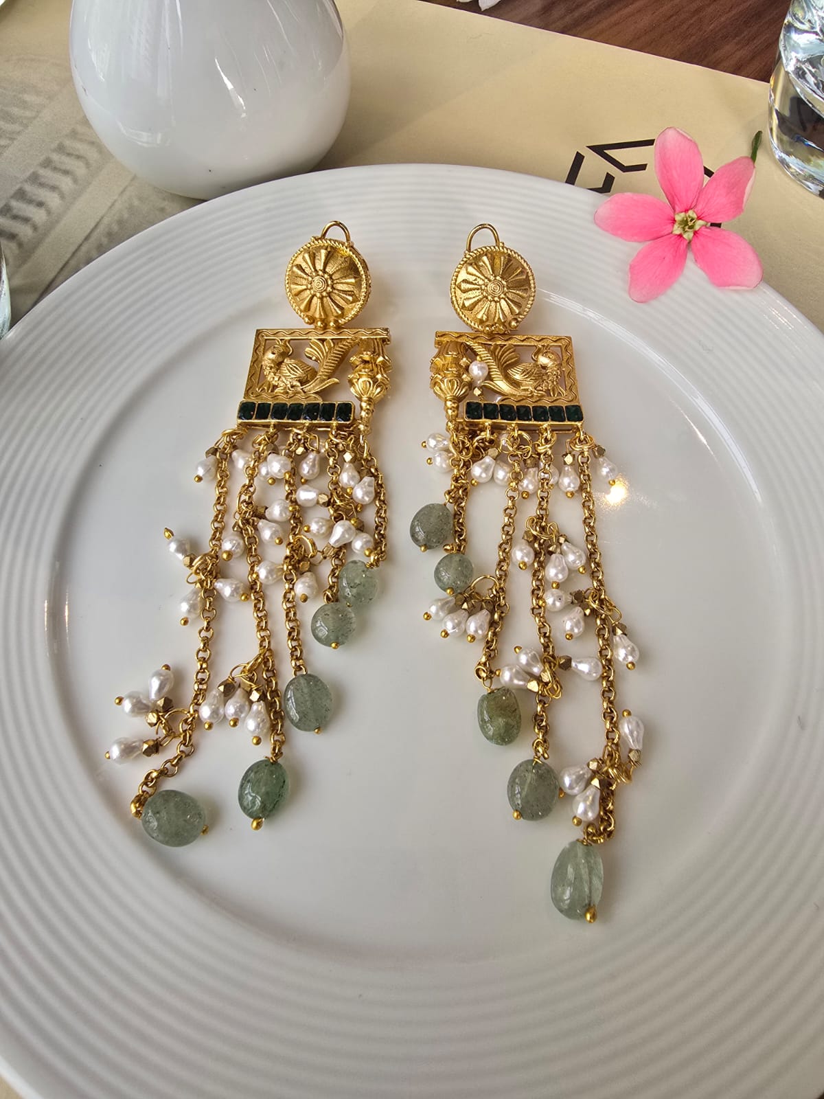 Handcrafted Floral & Peacock Frame Earrings with Long Pearl Tassels