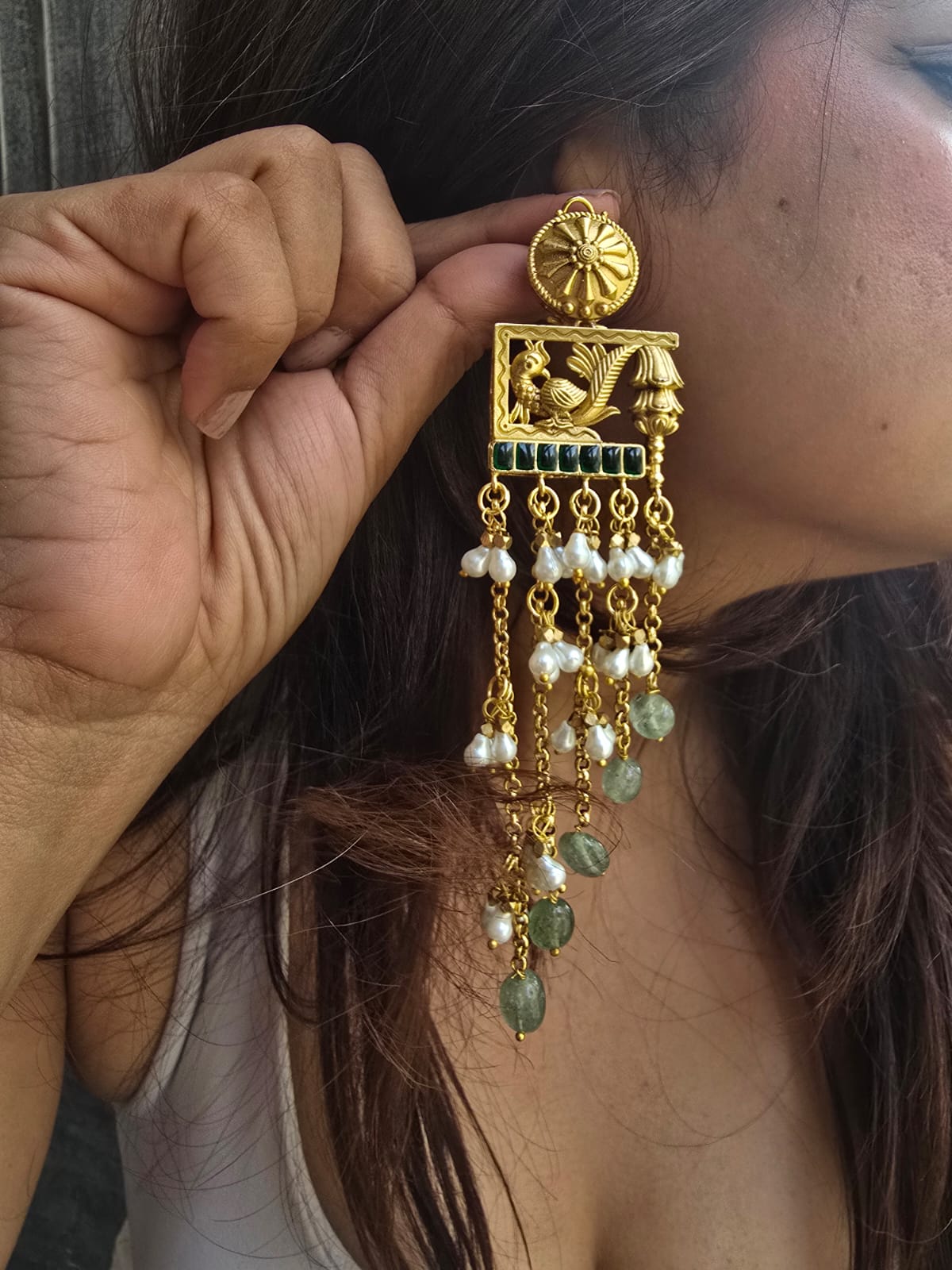 Handcrafted Floral & Peacock Frame Earrings with Long Pearl Tassels