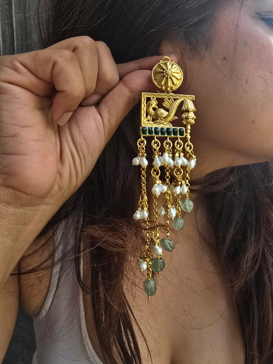 Handcrafted Floral & Peacock Frame Earrings with Long Pearl Tassels