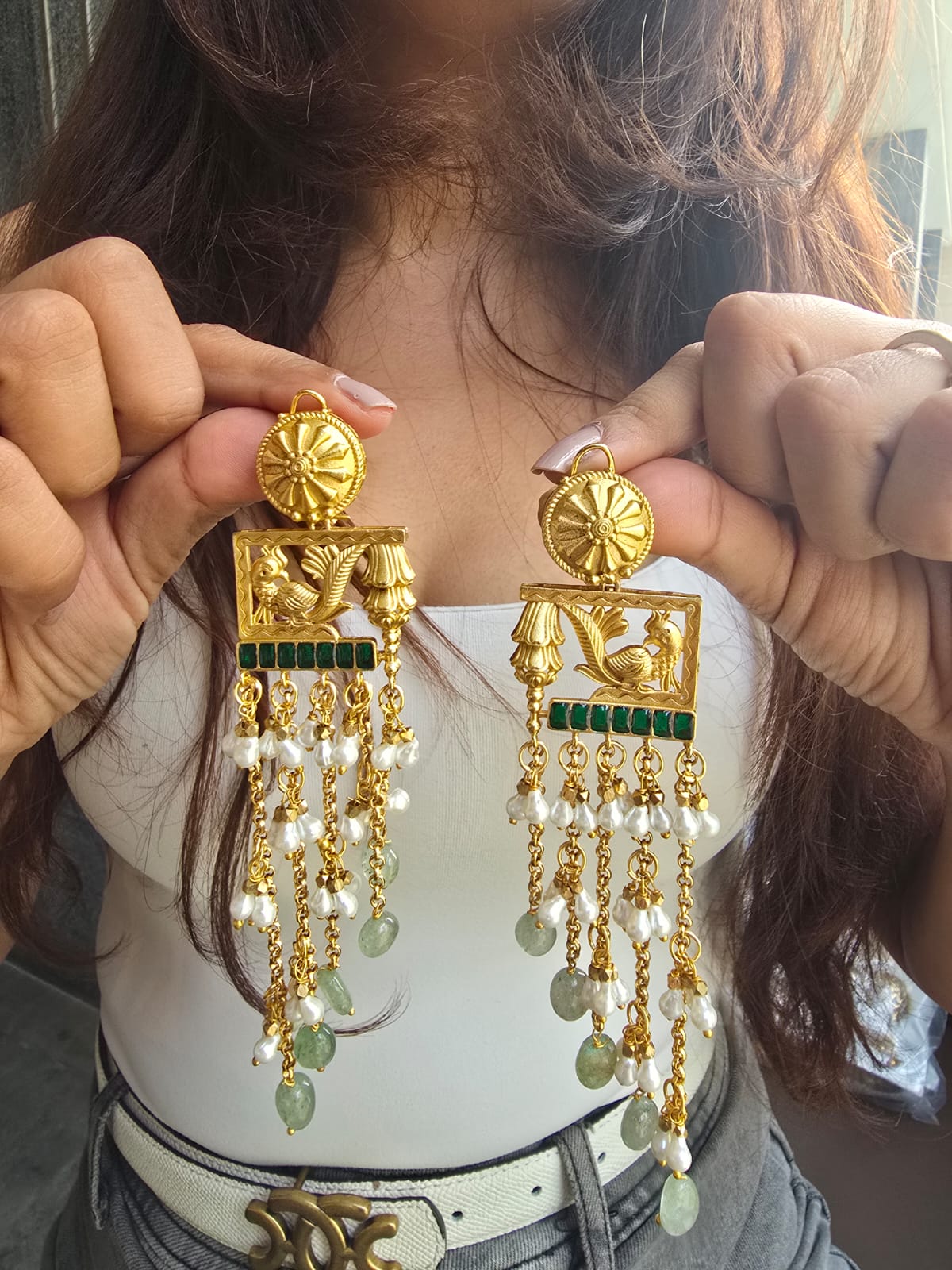 Handcrafted Floral & Peacock Frame Earrings with Long Pearl Tassels