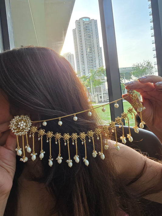 Gulnaaz Floral Kundan Bahubali Earrings with Multilayered Pearl Sahare