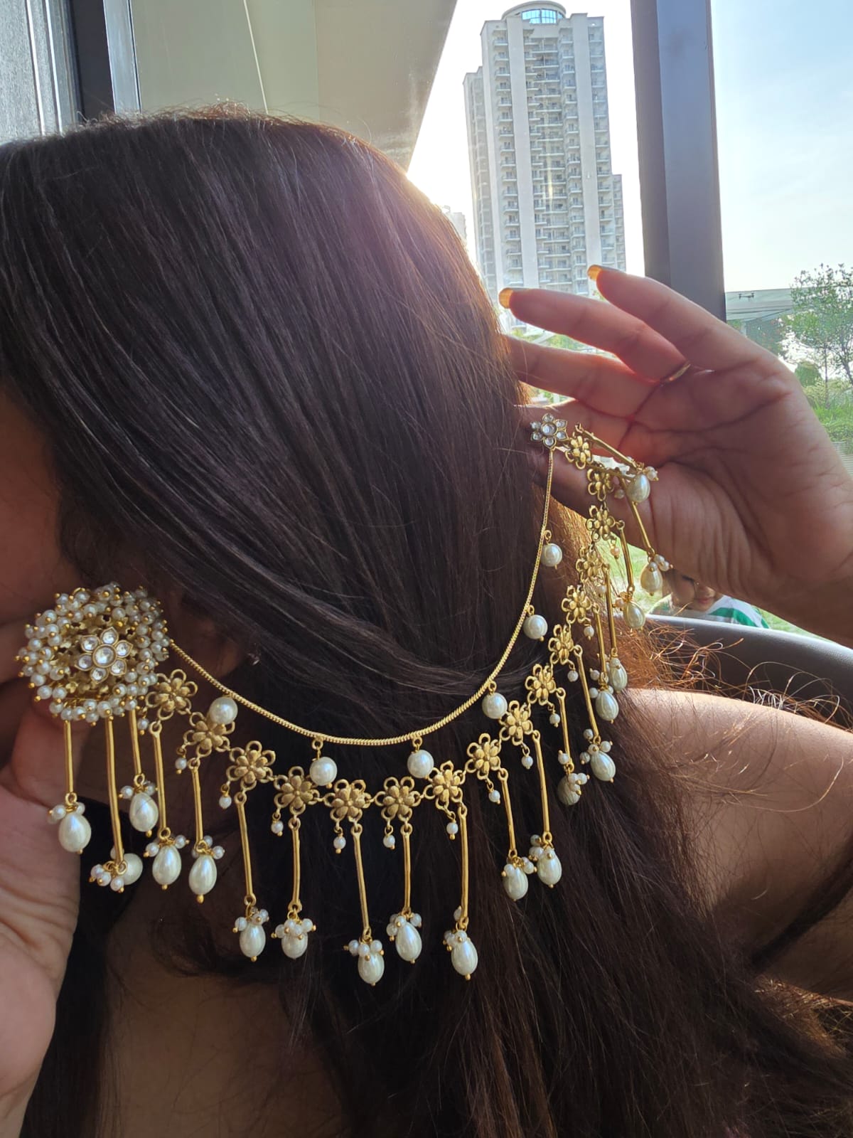 Gulnaaz Floral Kundan Bahubali Earrings with Multilayered Pearl Sahare