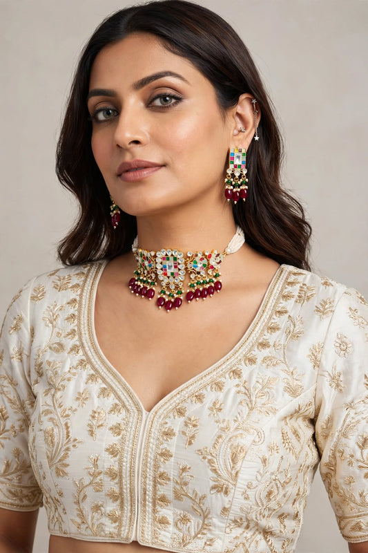 Square Meenakari Red Drop | Traditional Pachi Kundan Choker Set with Pearl Strand & Hanging Beads | Meenakari Indian Bridal Jewelry | Pearl Cord Choker Earrings Set