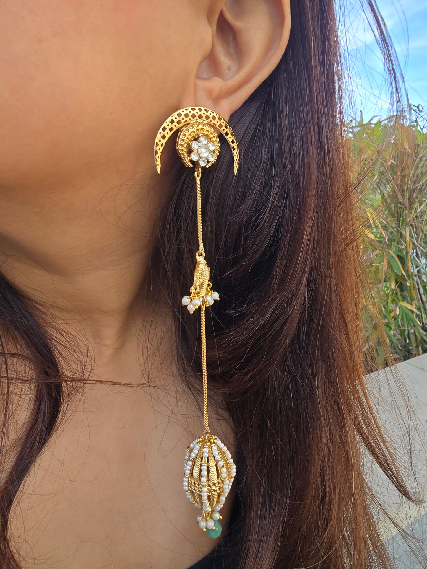 Celestial Moon & Pearl Long Drop Earrings - Extra Long Gold Jhumka Dusters - Crescent Kundan Statement Earrings - Indian Fusion Jewellery
