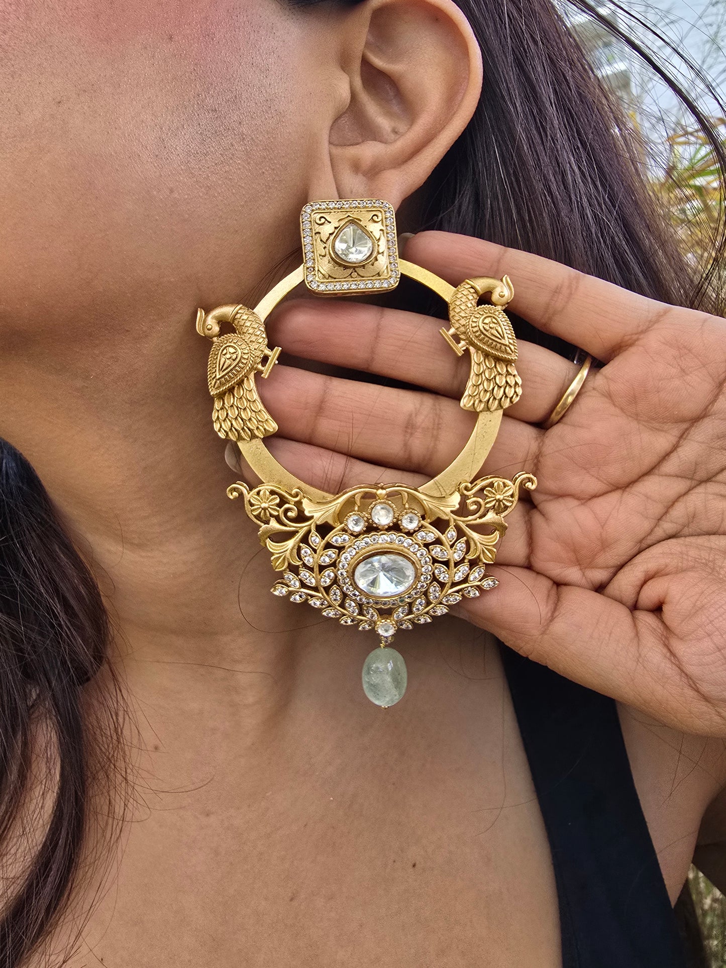 Grand Peacock Kundan Hoop Earrings - Oversized Gold Plated Chandbalis - Traditional Indian Bridal Jewelry - Earrings for Weddings
