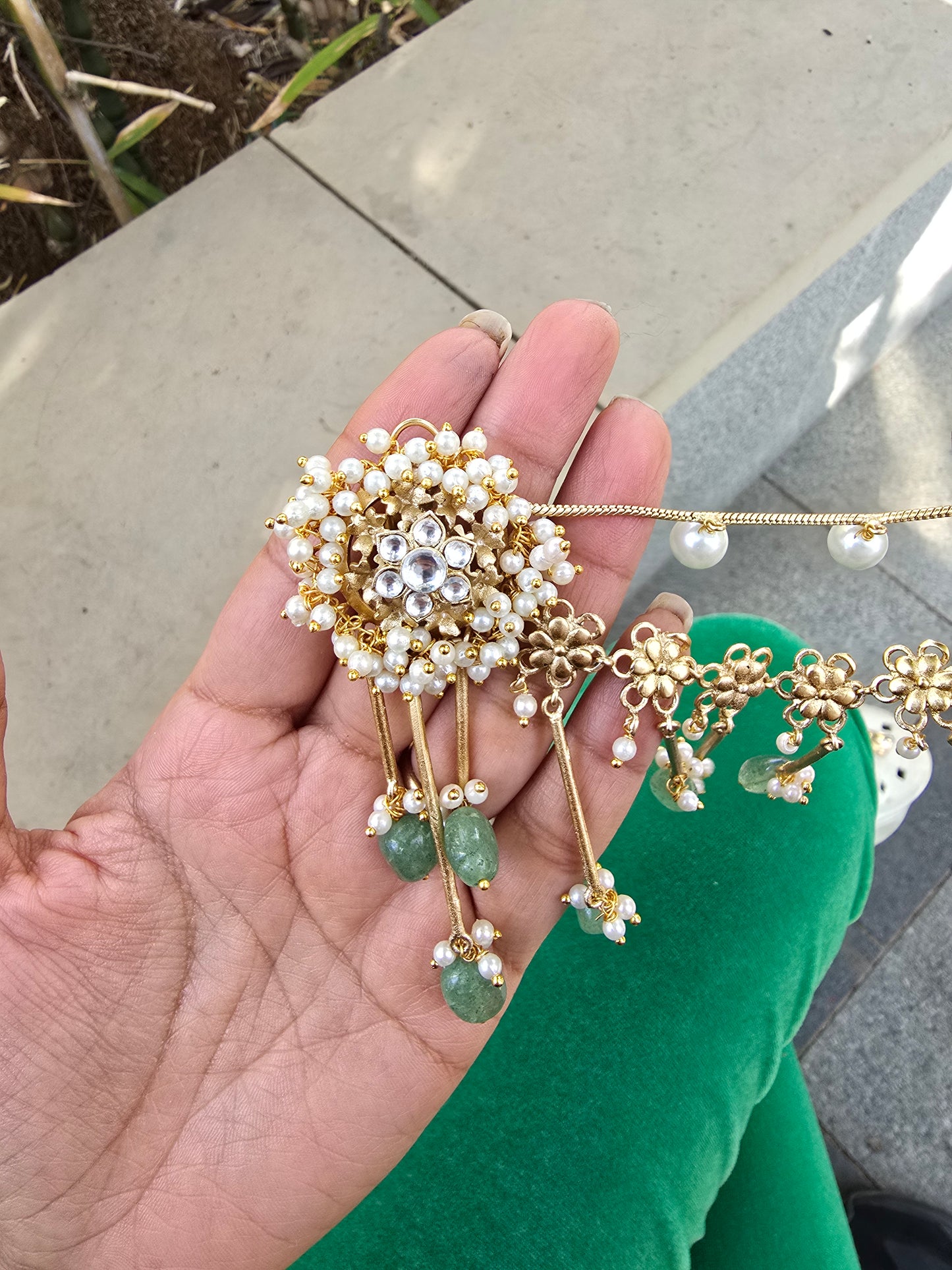 Bahubali Kundan Matt Ear Sahara Earrings with Triple-Layer Kaanchain (ear chain)