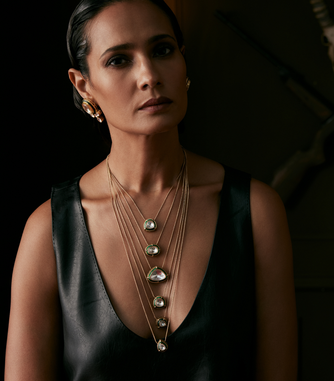 Nooraya Cascade Polki Multilayered Necklace Set (Green)