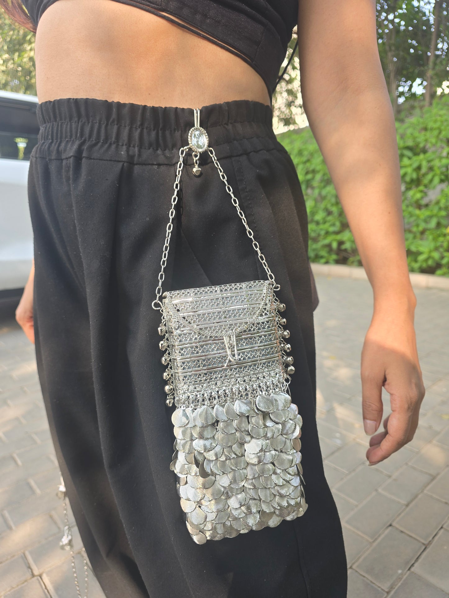 Ethnic Gold Metal Phone Bag | 2-in-1 Waist & Crossbody Pouch | Tasseled Festive Mobile Sling | Wedding Guest Gift | Handmade Boho Accessory