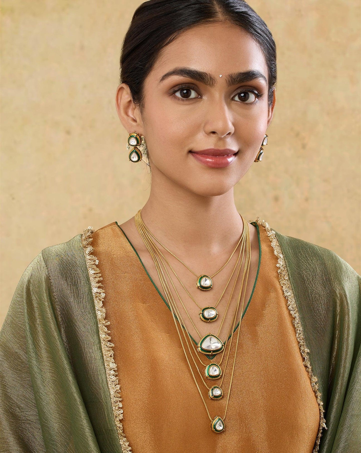 Nooraya Cascade Polki Multilayered Necklace Set (Green)
