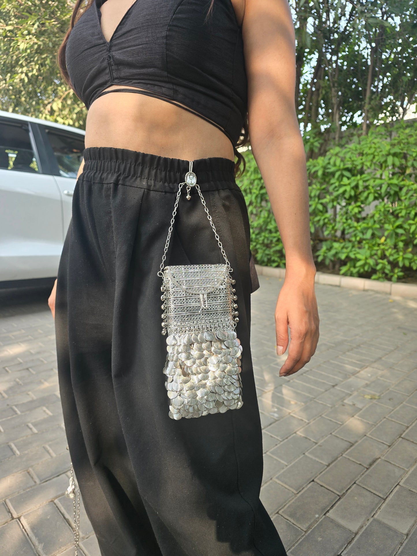 Ethnic Gold Metal Phone Bag | 2-in-1 Waist & Crossbody Pouch | Tasseled Festive Mobile Sling | Wedding Guest Gift | Handmade Boho Accessory