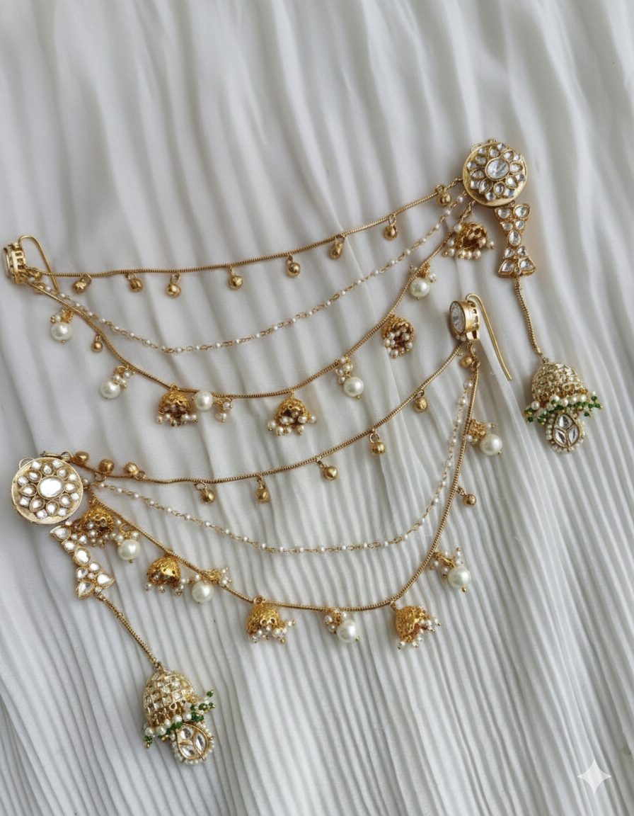 Bahubali Kundan Matt Ear Sahara Earrings with Triple-Layer Kaanchain (Ear Chain)