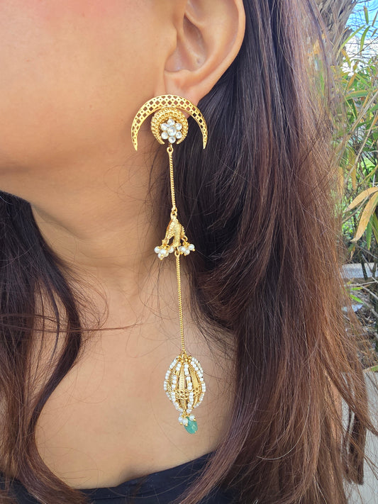 Celestial Moon & Pearl Long Drop Earrings - Extra Long Gold Jhumka Dusters - Crescent Kundan Statement Earrings - Indian Fusion Jewellery