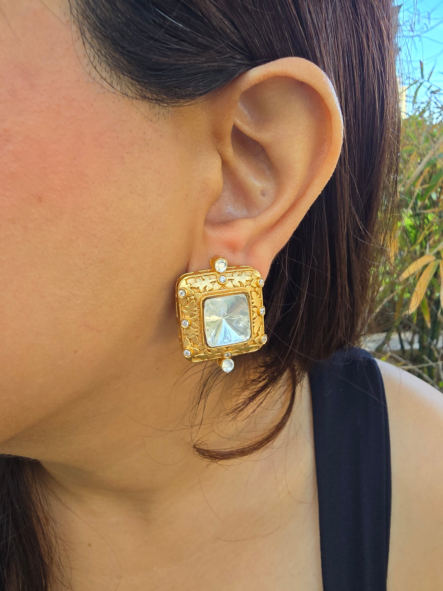 The Gilded Frame: Vintage Square Gold-Etched Studs with Large Cushion-Cut Crystal