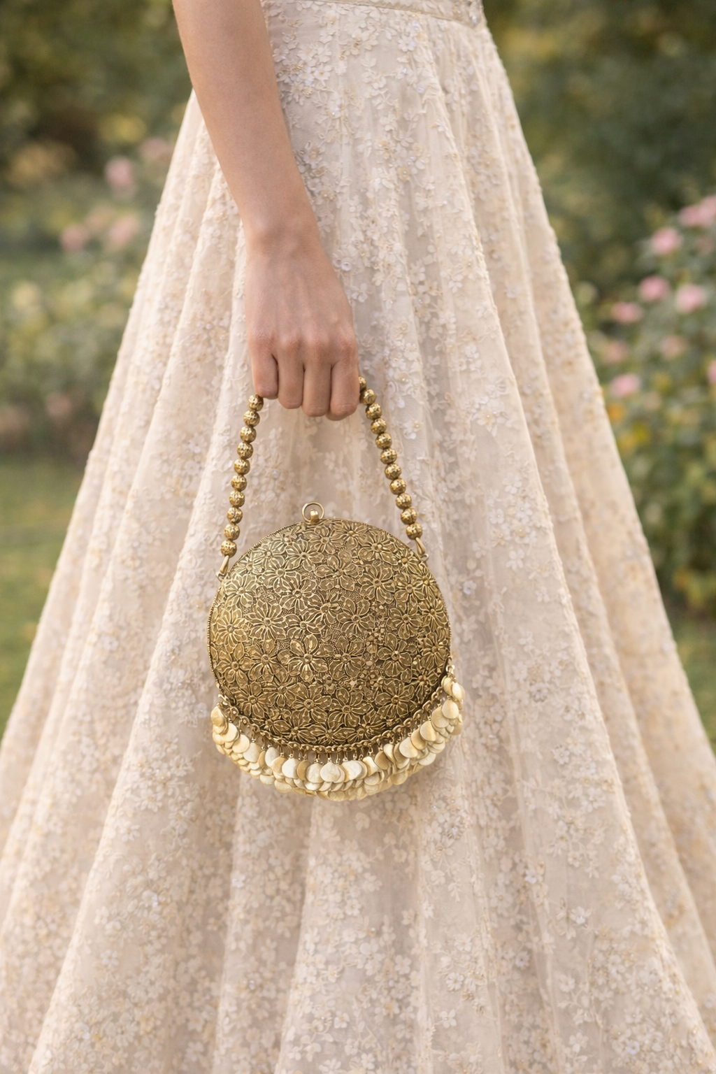 Vintage-Style Antique Gold Floral Round Clutch – Handcrafted Embellished Evening Bag with Coin Fringe & Beaded Handle – Bohemian Bridal