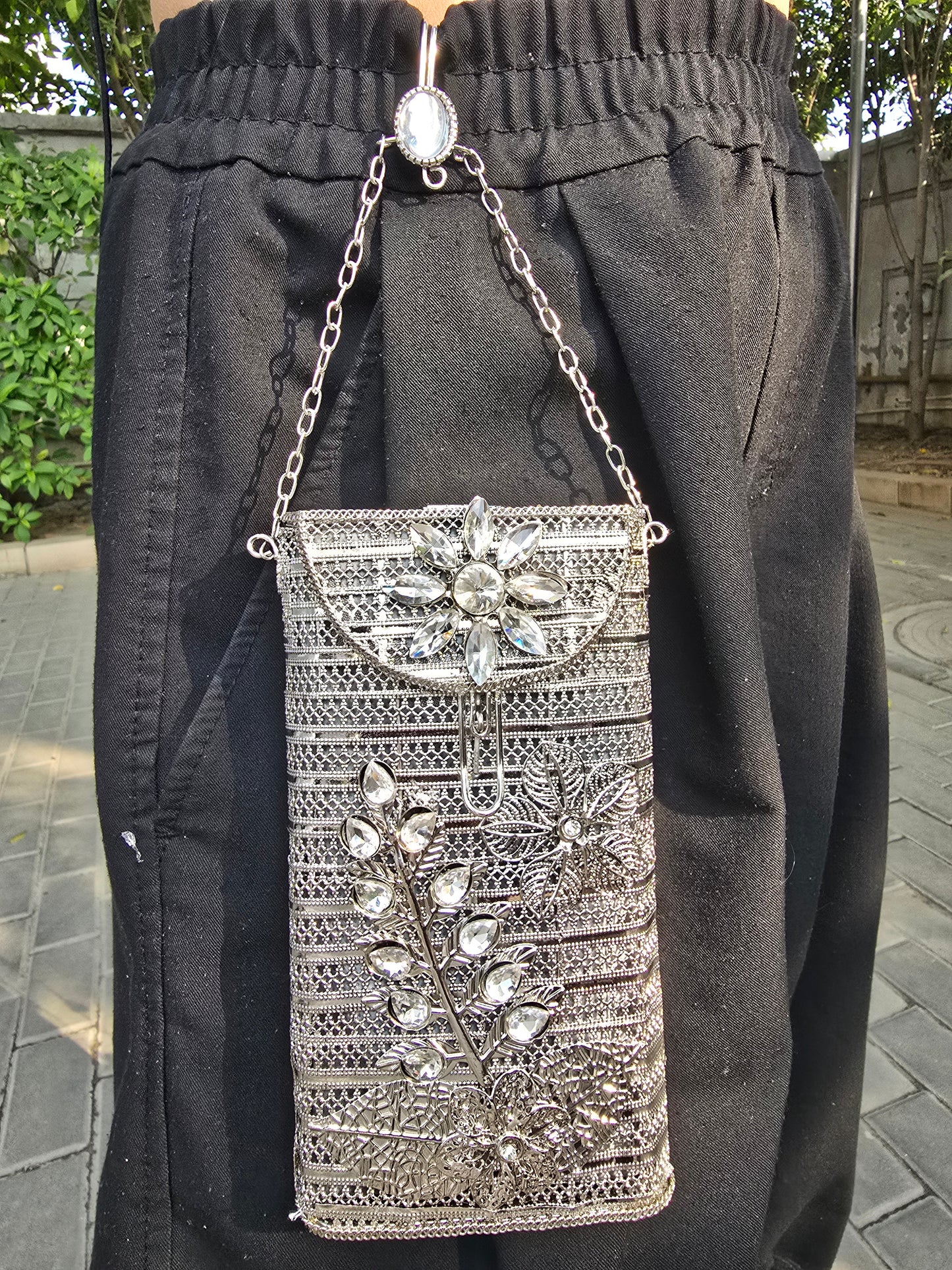 Ethnic Filigree Metal Phone Bag | 2-in-1 Waist & Crossbody Phone Pouch | Tasseled Festive Mobile Sling | Wedding Guest Gift